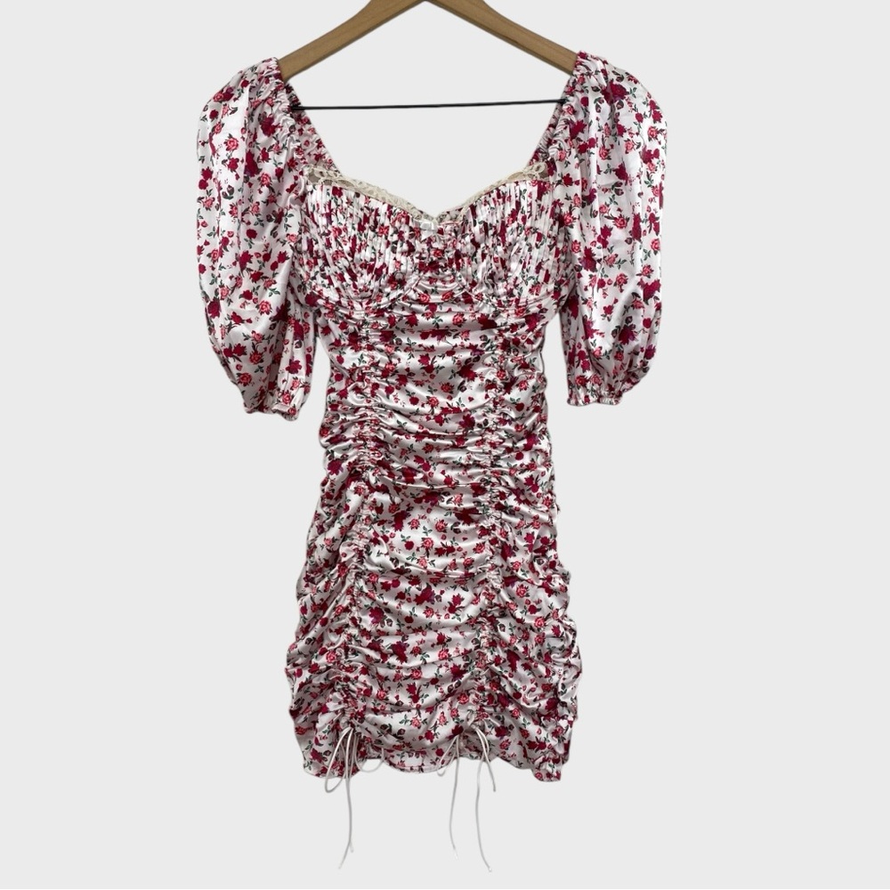 For Love & Lemons Floral Lace Trimmed Ruched Melrose Dress Size XS